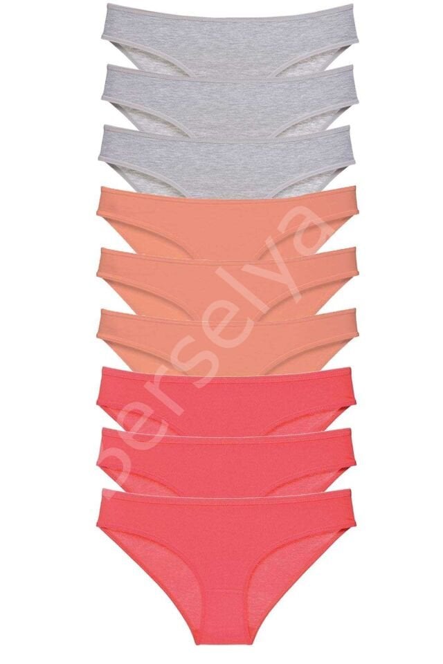 9 adet Süper Eko Set Likralı Kadın Slip Külot Gri Pudra Fuşya M
