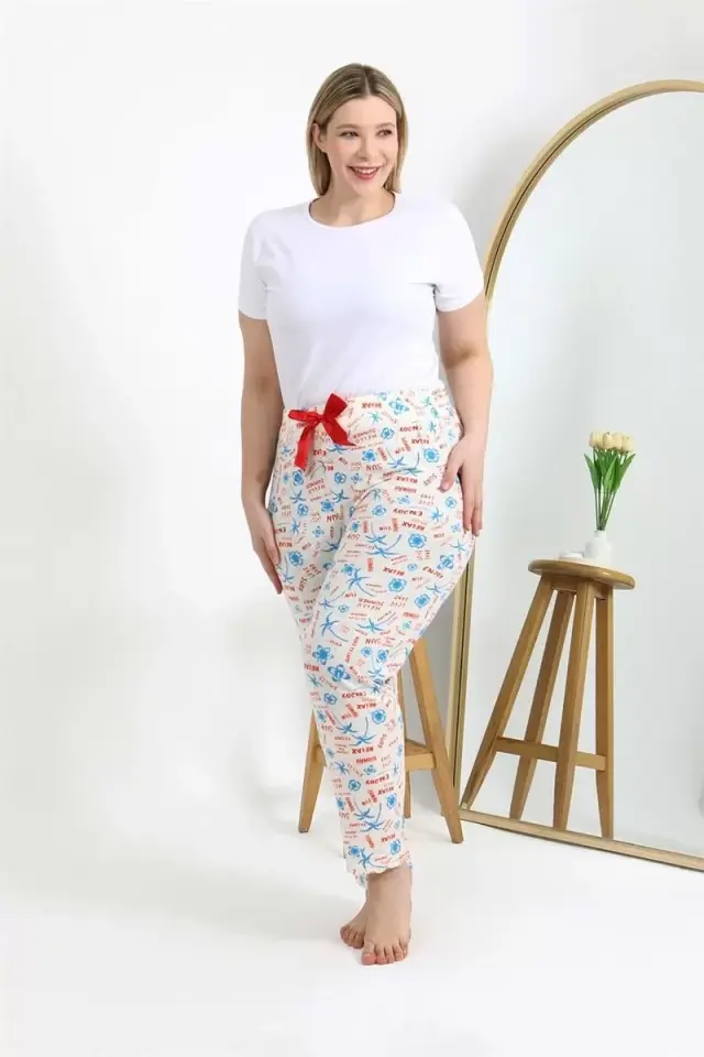 Kadın Pamuklu Büyük Beden Alt Pijama Ekru