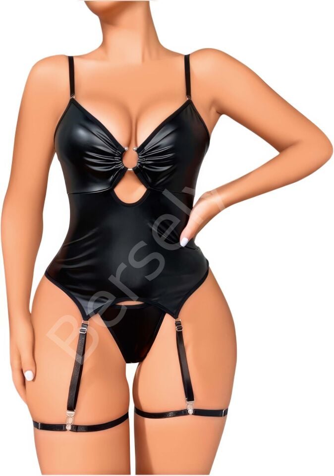 Siyah Lame Fantezi Deri Jartiyer Takımı