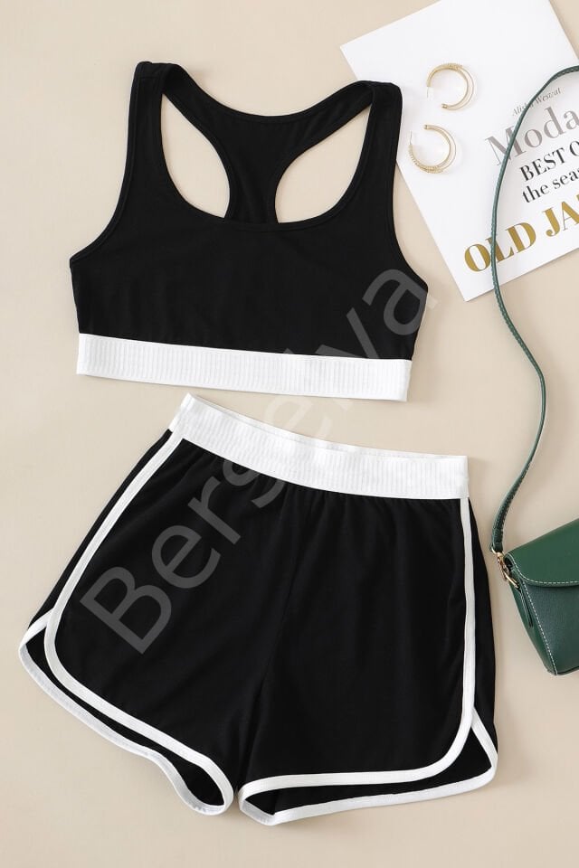 Kadın Siyah Beyaz Lastikli Çapraz Crop Toplu Şortlu Gecelik Takım