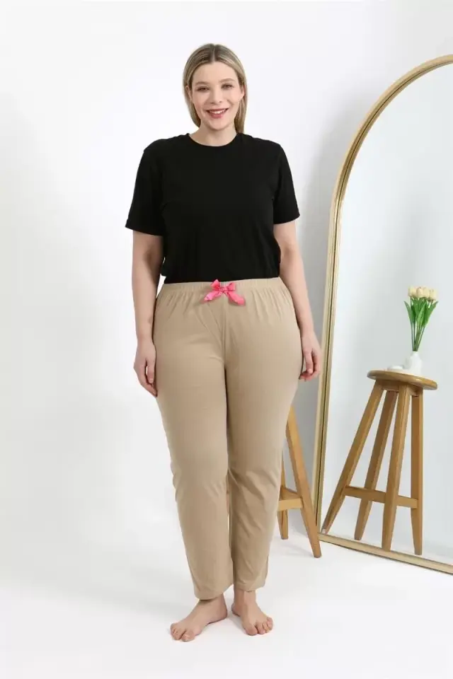 Kadın Pamuklu Büyük Beden Alt Pijama Bej