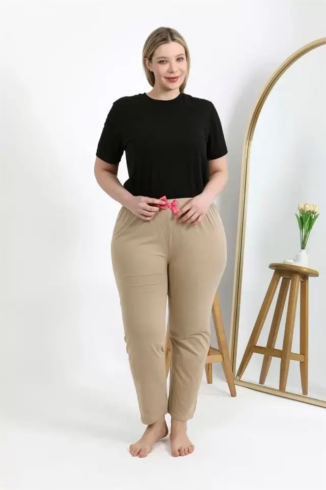 Kadın Pamuklu Büyük Beden Alt Pijama Bej
