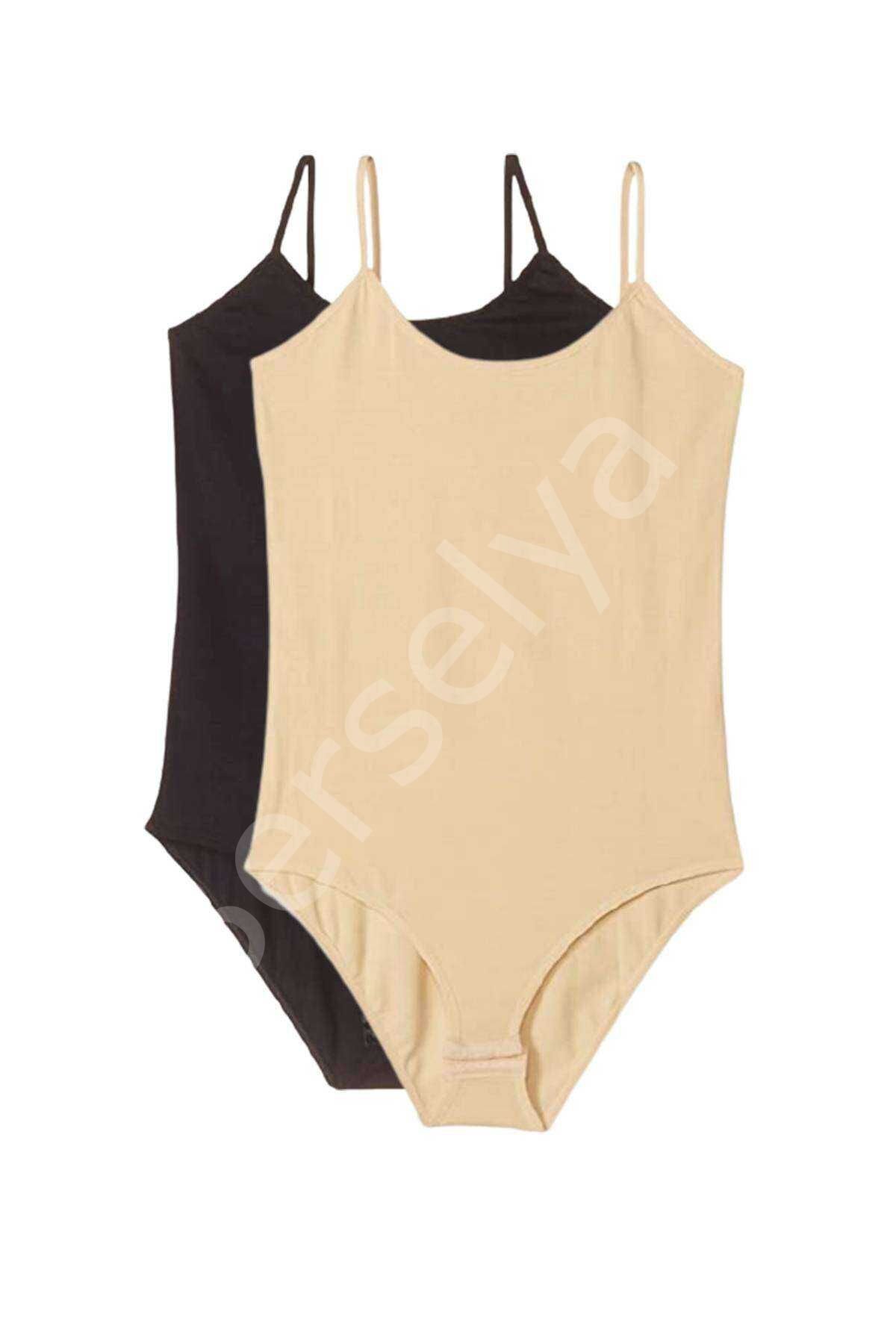 2 Adet İp Askılı Kadın Çıtçıtlı Body Siyah ve Ten XL
