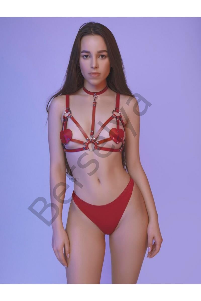 Fantezi Kırmızı Harness Sütyen Kumaş Külot Takımı