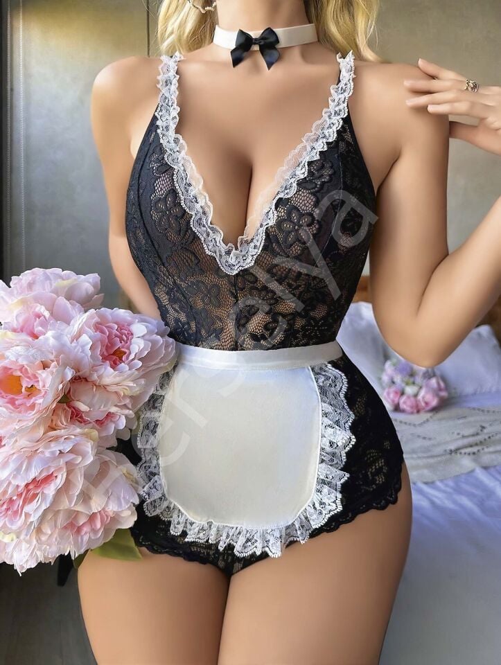 Siyah Dantel İşlemeli Kurdelalı Fransız Hizmetçi Kostümü