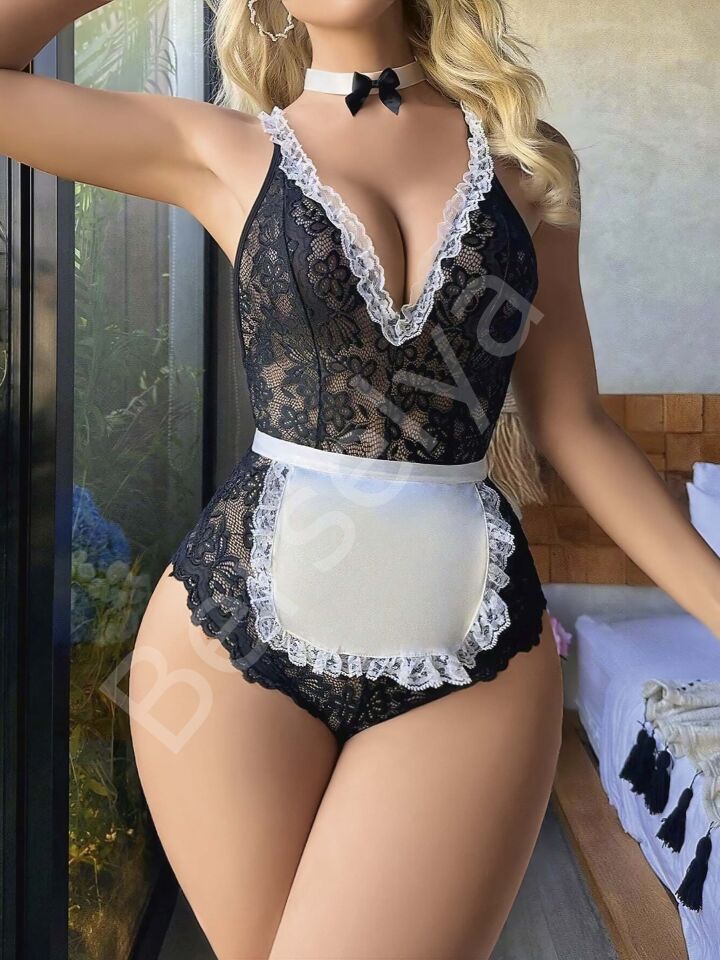 Siyah Dantel İşlemeli Kurdelalı Fransız Hizmetçi Kostümü