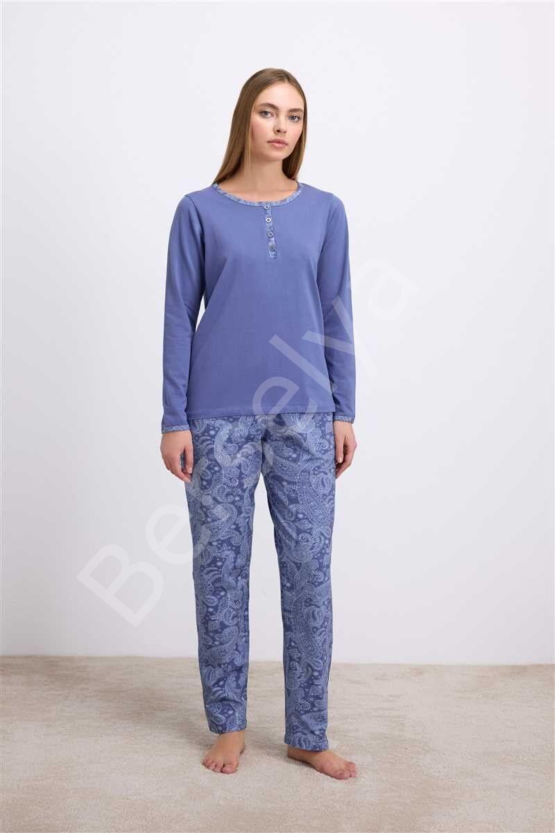 %95 Pamuklu Uzun Kollu T-shirt Ve Desenli Pantolon Pijama Takımı