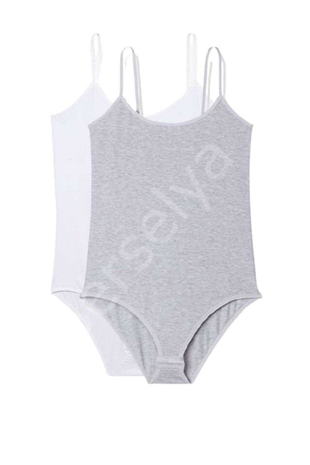 2 Adet İp Askılı Kadın Çıtçıtlı Body Beyaz ve Gri XL