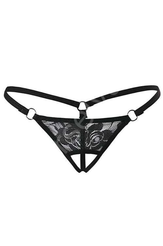 Siyah Dantelli Özel Bölgesi Açık G-string Brf1167