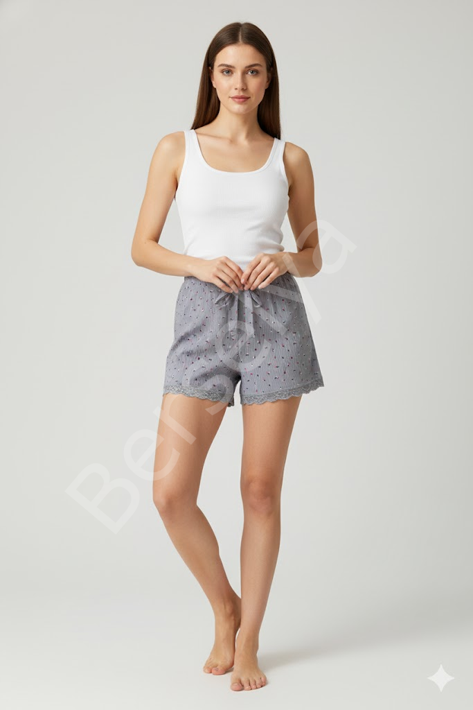 Düz Renk Mini Çiçek Desenli Penye Kadın Ev Şortu Bacak Dantel Detaylı Ev Giyim Gri