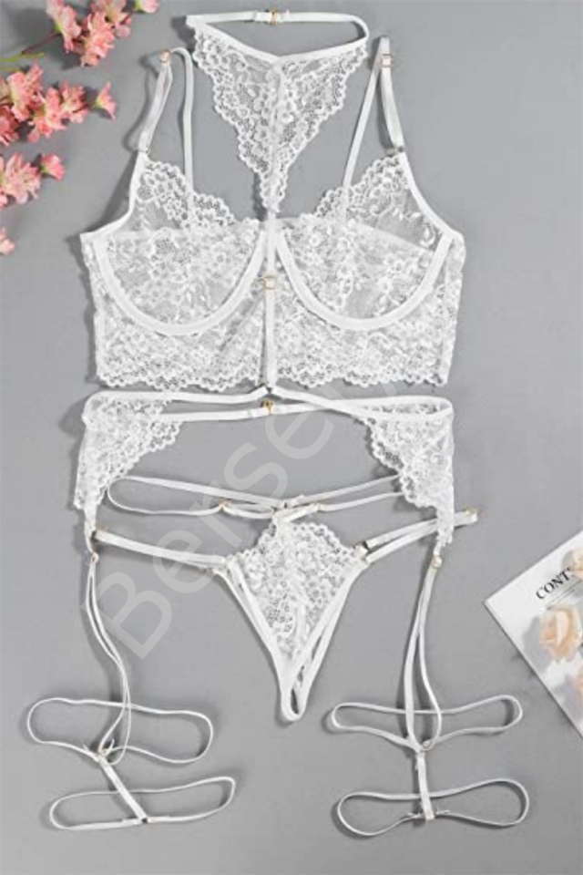 Beyaz Dantel Harnes Detaylı Seksi İç Çamaşırı 16018