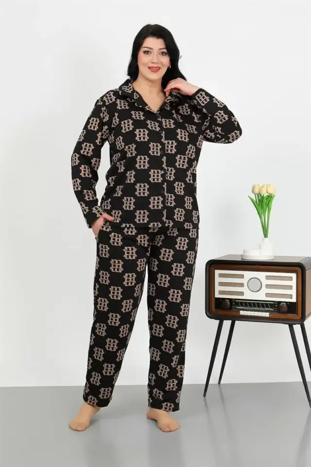 Kadın Büyük Beden Pamuklu Cepli Düğmeli Siyah Pijama Takım