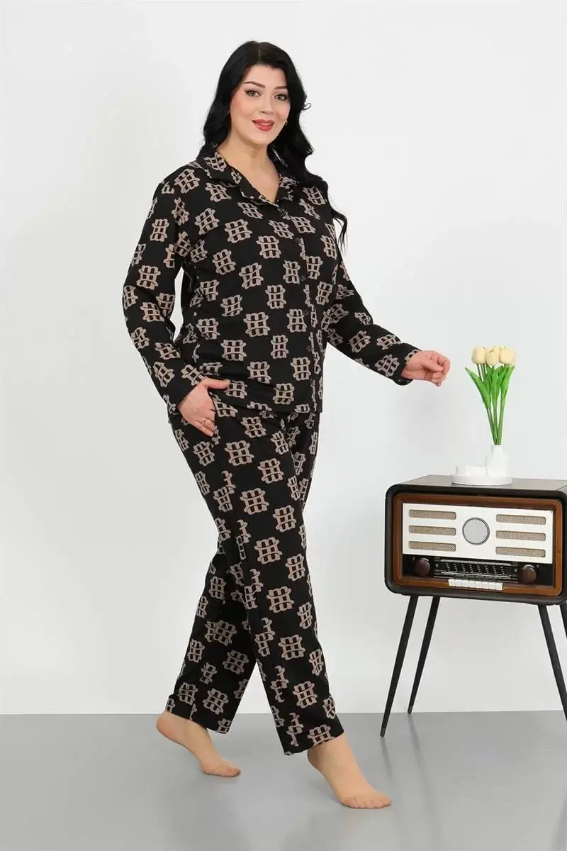 Kadın Büyük Beden Pamuklu Cepli Düğmeli Siyah Pijama Takım