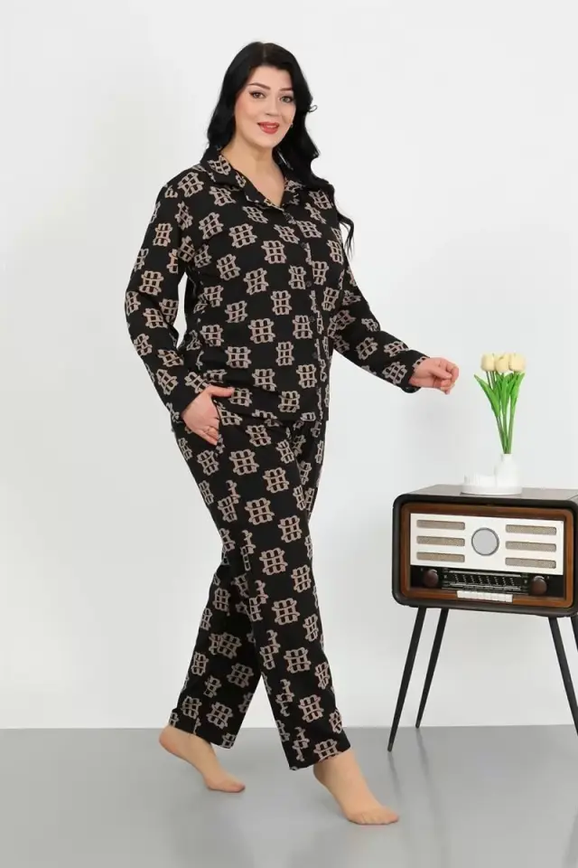 Kadın Büyük Beden Pamuklu Cepli Düğmeli Siyah Pijama Takım