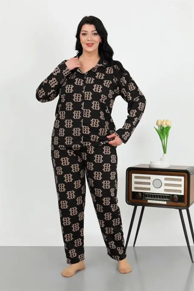 Kadın Büyük Beden Pamuklu Cepli Düğmeli Siyah Pijama Takım