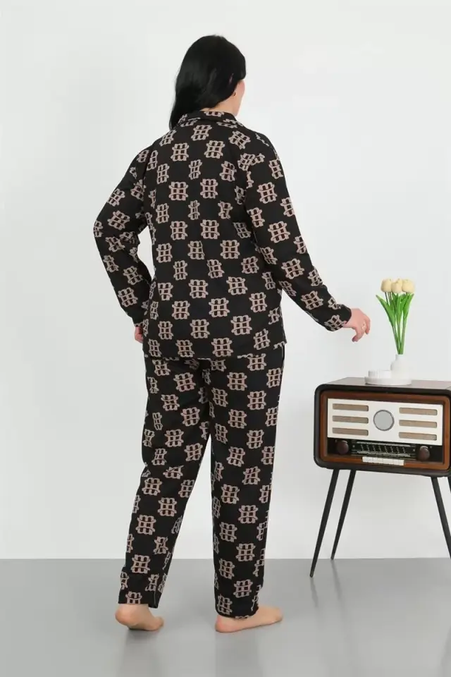 Kadın Büyük Beden Pamuklu Cepli Düğmeli Siyah Pijama Takım