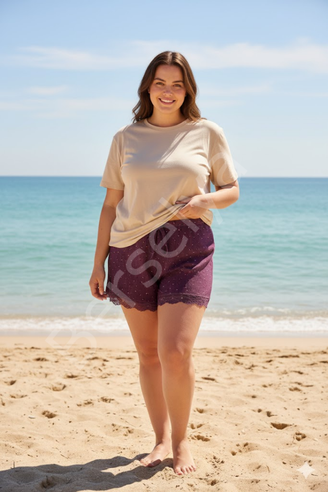 Düz Renk Mini Çiçek Desenli Penye Kadın Ev Şortu Bacak Dantel Detaylı Ev Giyim Gül Kurusu