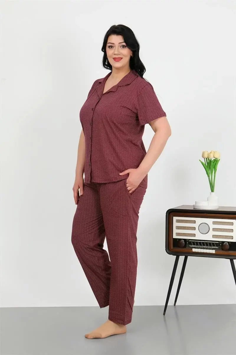 Kadın Büyük Beden Pamuklu Cepli Düğmeli Mor Pijama Takım