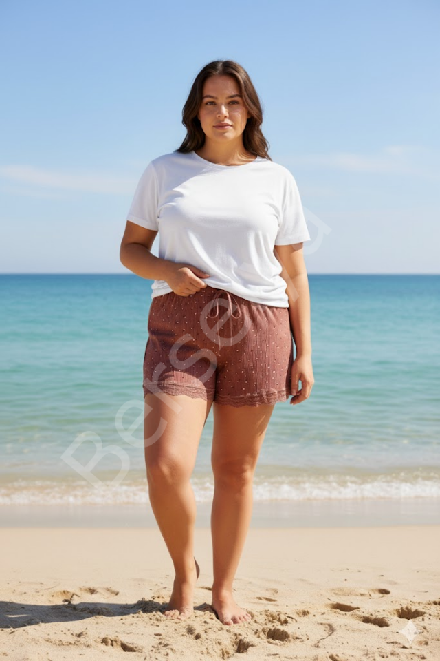 Düz Renk Mini Çiçek Desenli Penye Kadın Ev Şortu Bacak Dantel Detaylı Ev Giyim Taba