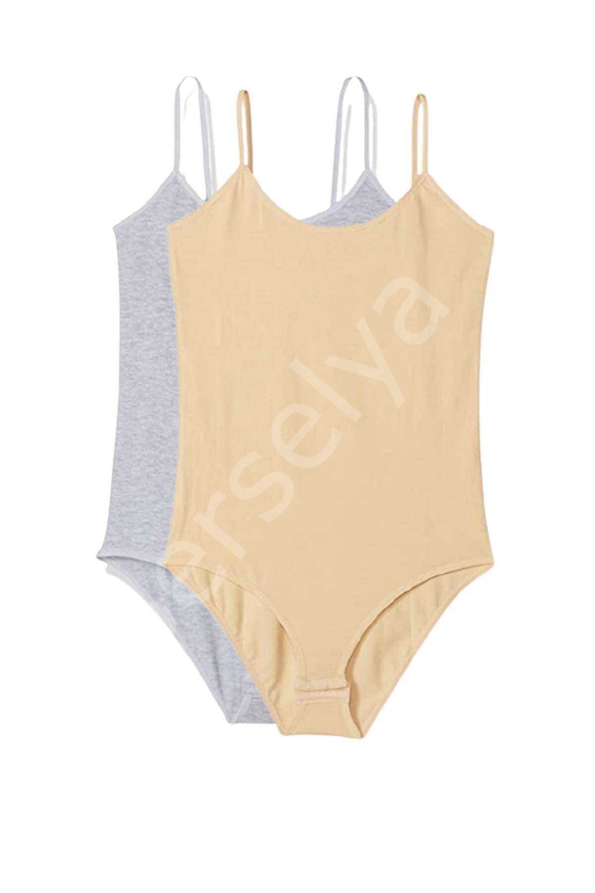 2 Adet İp Askılı Kadın Çıtçıtlı Body Gri ve Ten M