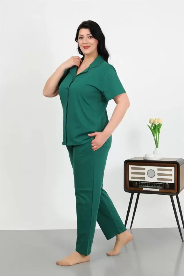Kadın Büyük Beden Pamuklu Cepli Düğmeli Zümrütyeşili Pijama Takım