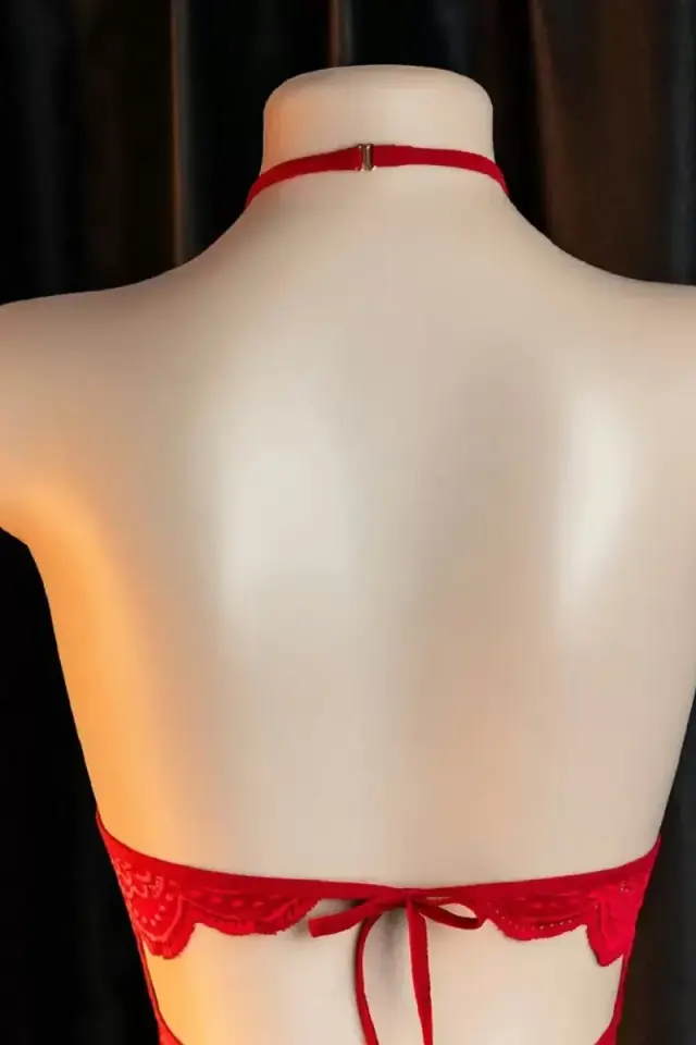 Kadın Kırmızı Dantel Tül Detaylı Derin V Yaka Teddy Gecelik Seksi Şık İç Giyim