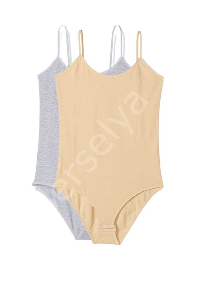2 Adet İp Askılı Kadın Çıtçıtlı Body Gri ve Ten XL