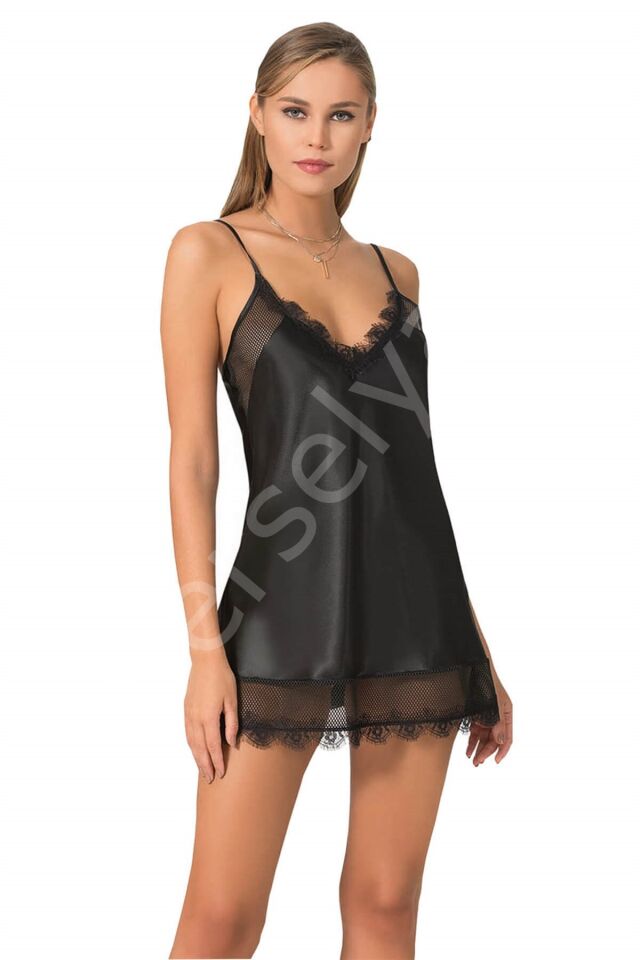 Siyah Kısa Saten Gecelik