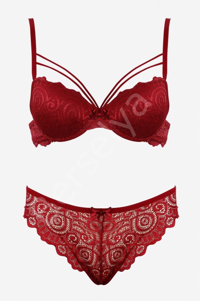 Bordo dantelli Çift İp Detaylı Şık Sütyen Takım 19001