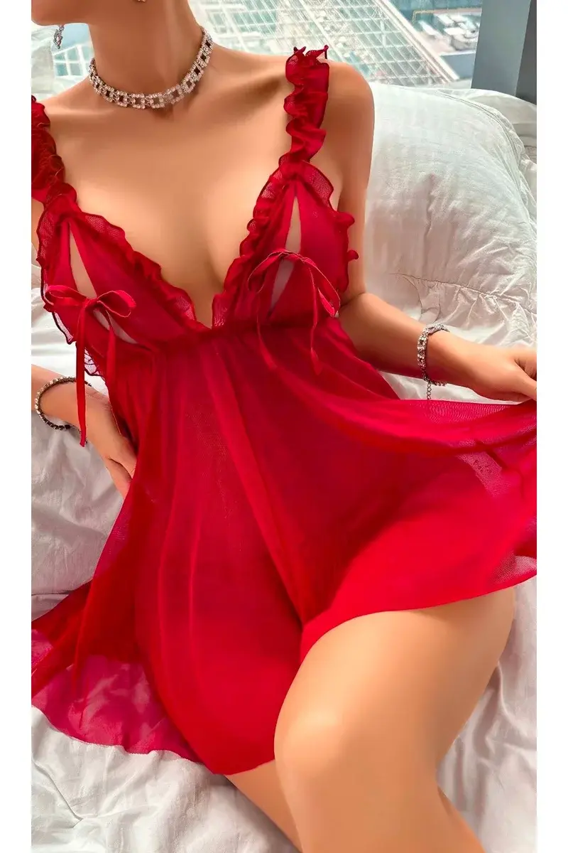 Kadın Seksi  Dantel Detaylı Transparan Tül Gecelik Ve Tanga Takımı Fantezi Gecelik Takım