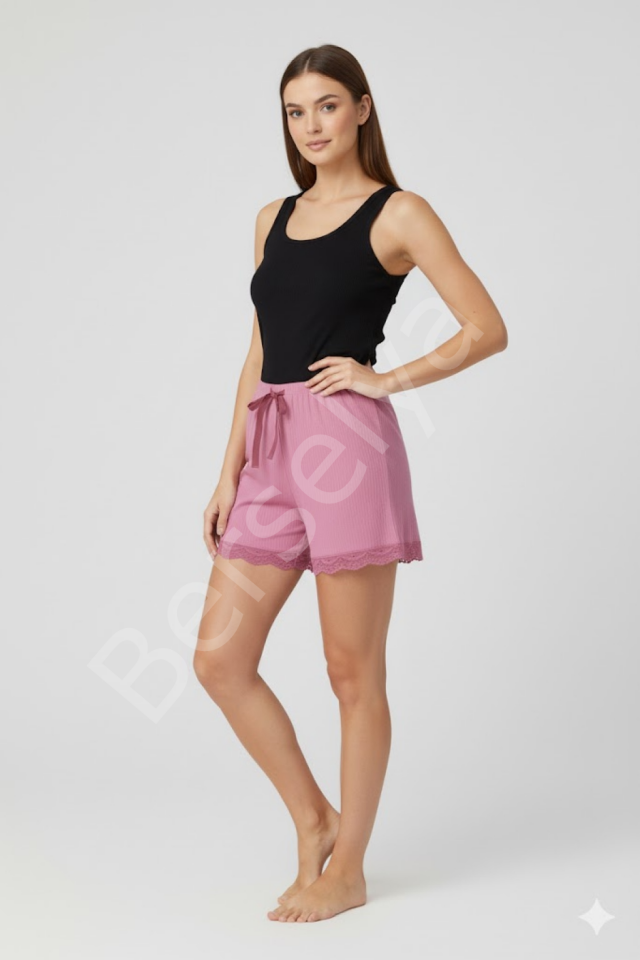 Bambu Fitilli Kadın Ev Şortu Bacak Dantel Detaylı Ev Giyim Pembe