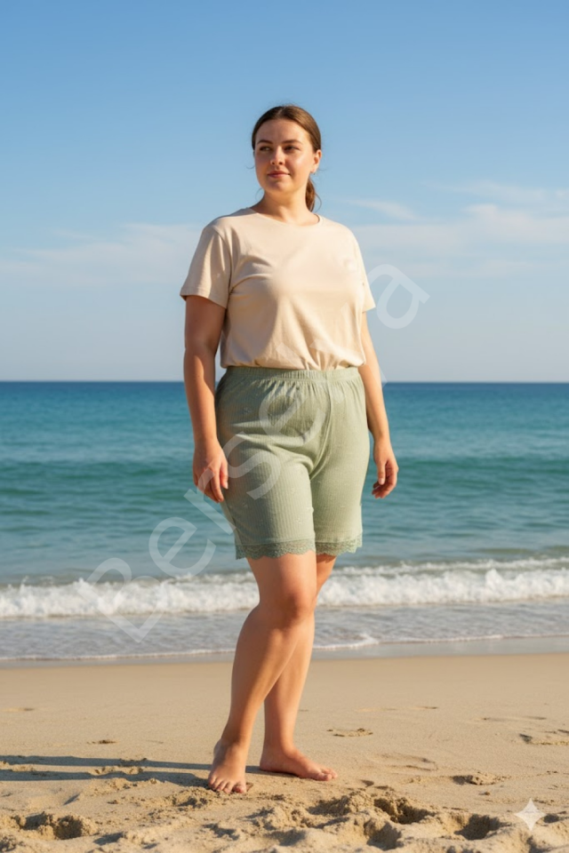 Bambu Fitilli Kadın Ev Şortu Bacak Dantel Detaylı Ev Giyim Yeşil