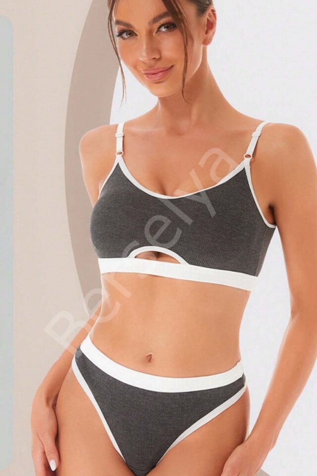 Kadın Gri Antrasit Kaşkorse Ve Beyaz Lastikli Cut-out Tanga Külotlu Takım
