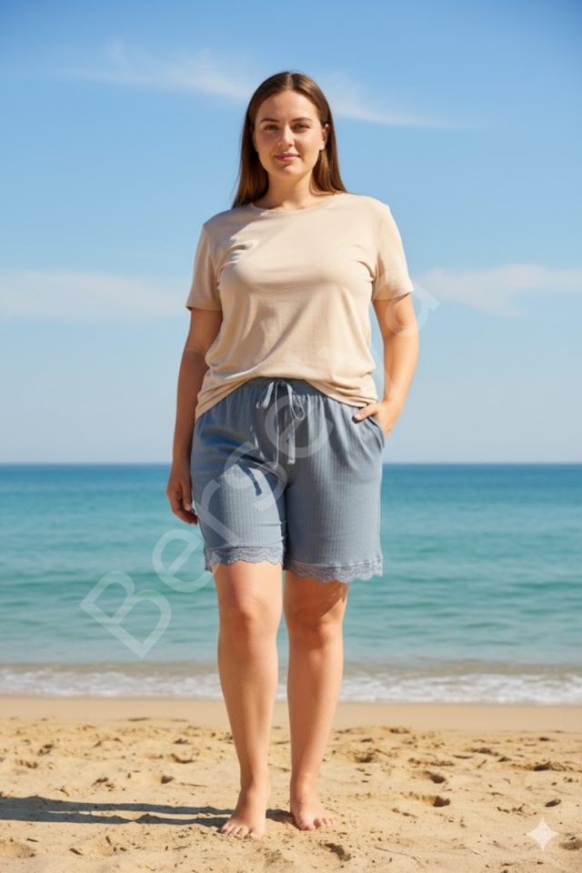 Bambu Fitilli Kadın Ev Şortu Bacak Dantel Detaylı Ev Giyim Gri