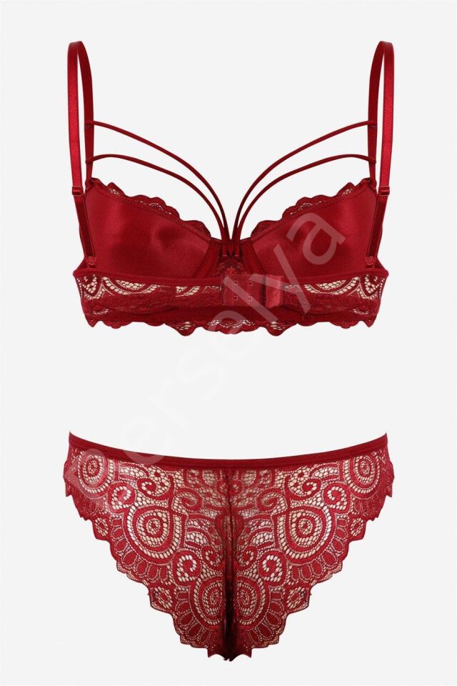 Bordo Dantelli Çift İp Detaylı Şık Sütyen Takım 19007