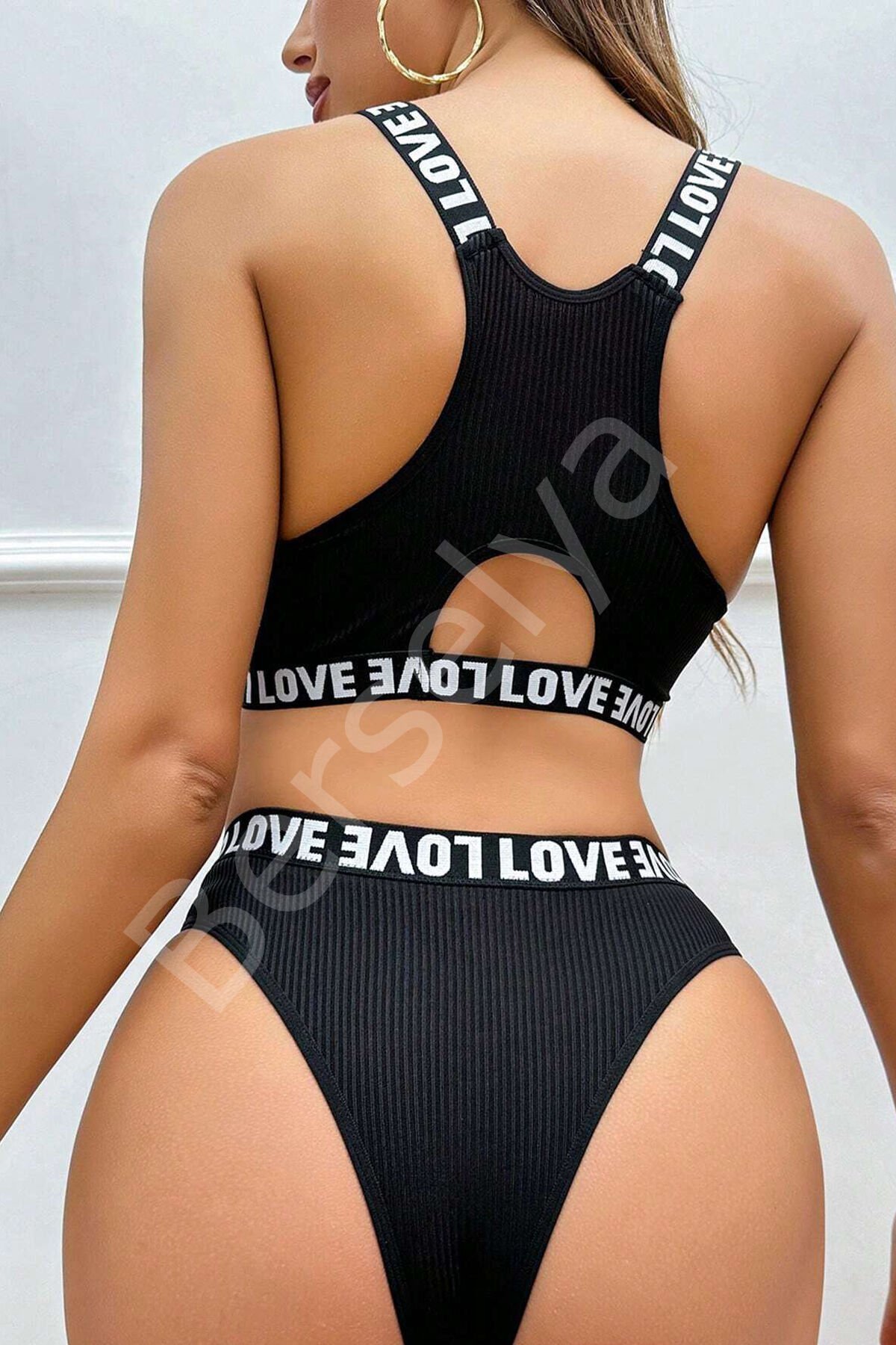 Kadın Siyah Çapraz Sırt Ve Love Lastik Detaylı Sütyen Külot Takım