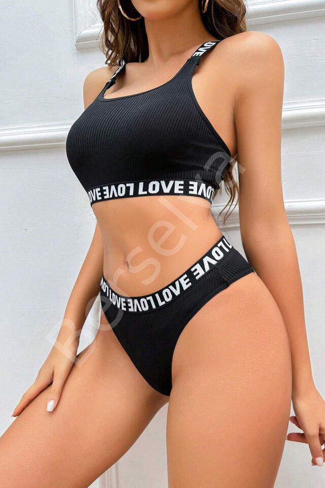 Kadın Siyah Çapraz Sırt Ve Love Lastik Detaylı Sütyen Külot Takım