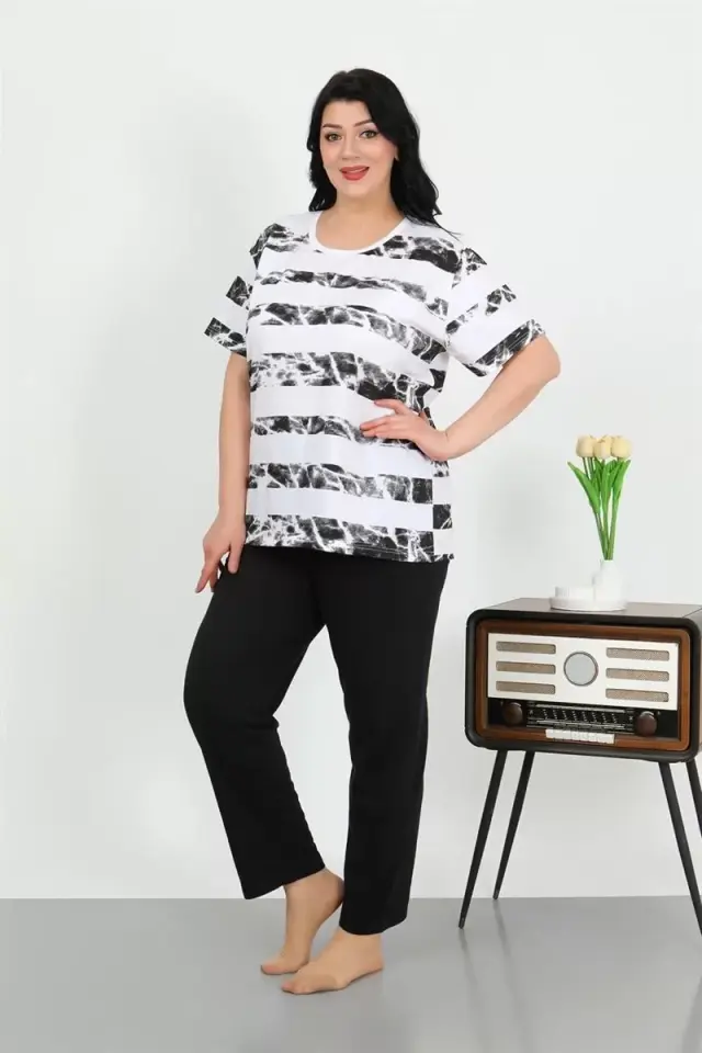 Kadın Büyük Beden Kısa Kol Penye Pijama Takımı Beyaz