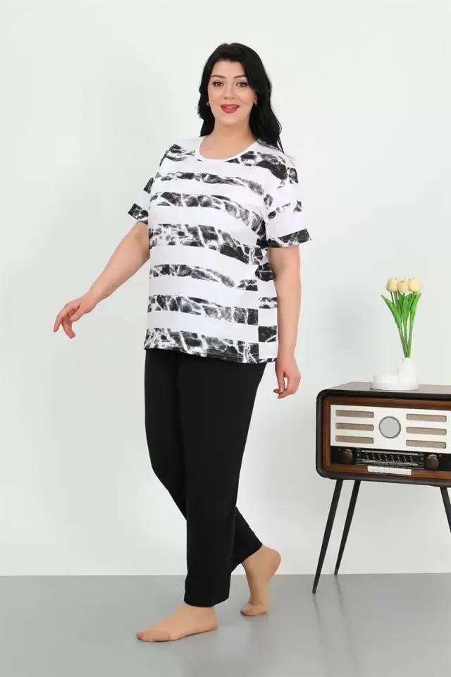Kadın Büyük Beden Kısa Kol Penye Pijama Takımı Beyaz