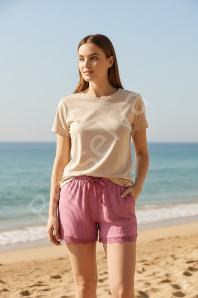 Bambu Fitilli Kadın Ev Şortu Bacak Dantel Detaylı Ev Giyim Fuşya