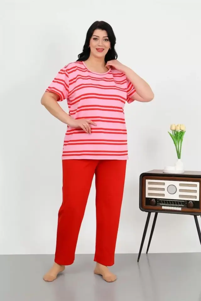 Kadın Büyük Beden Kısa Kol Penye Pijama Takımı Kırmızı