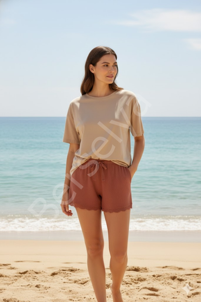 Bambu Fitilli Kadın Ev Şortu Bacak Dantel Detaylı Ev Giyim Taba