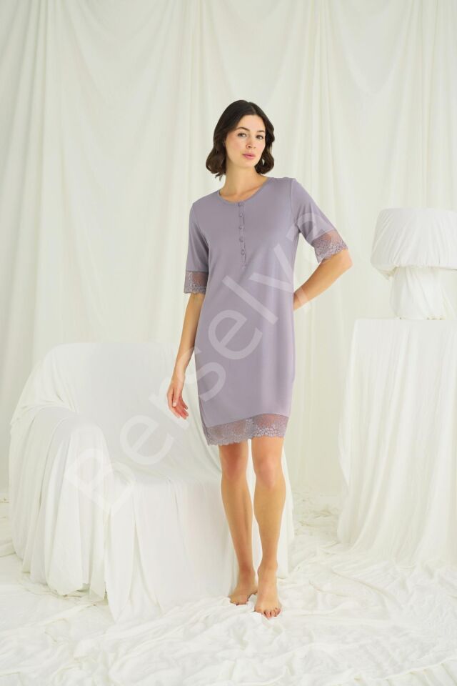 Dantel Detaylı Kısa Kollu Ve Önü Düğmeli Gecelik