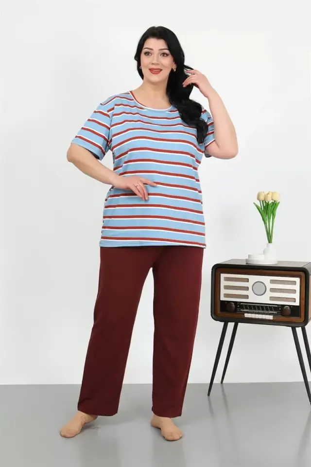 Kadın Büyük Beden Kısa Kol Penye Pijama Takımı Mavi
