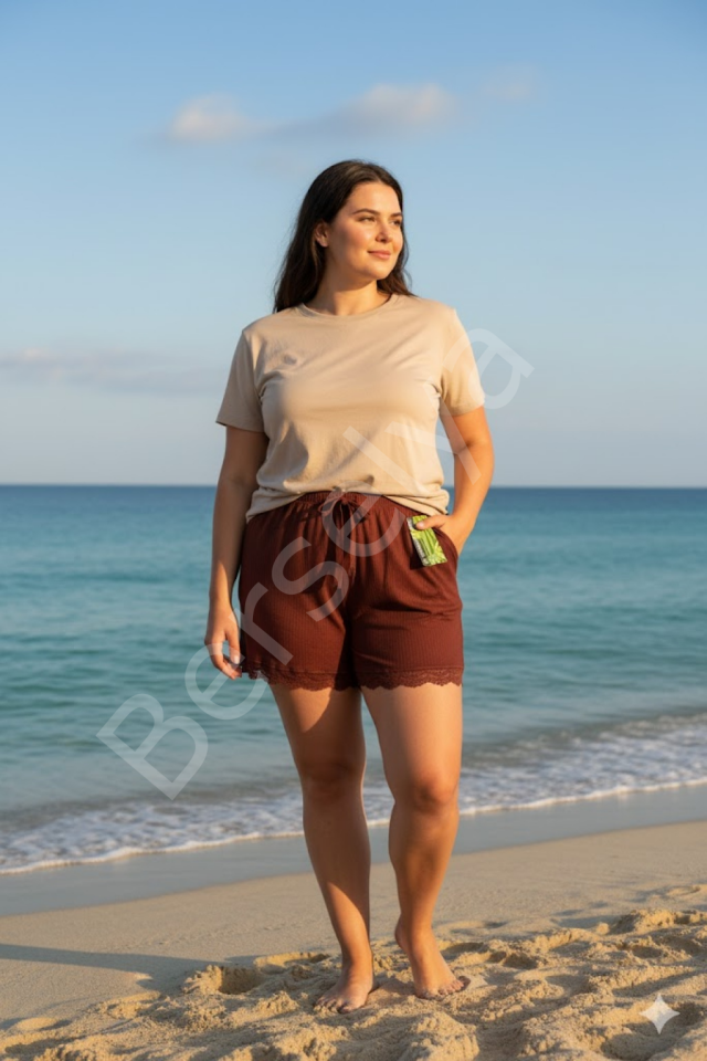 Bambu Fitilli Kadın Ev Şortu Bacak Dantel Detaylı Ev Giyim Koyu Taba