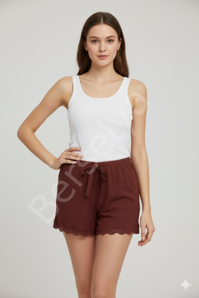 Bambu Fitilli Kadın Ev Şortu Bacak Dantel Detaylı Ev Giyim Koyu Taba