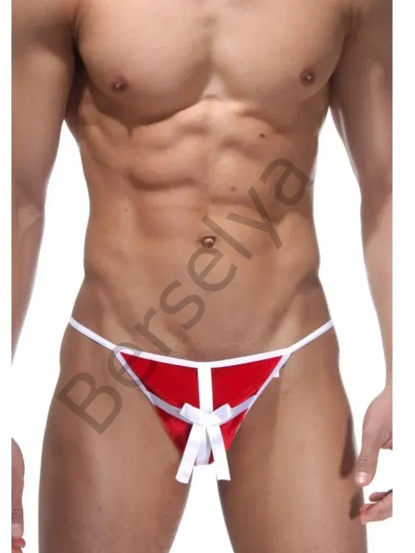 Fantezi Beyaz Fiyonklu Kadife Erkek String İç Giyim