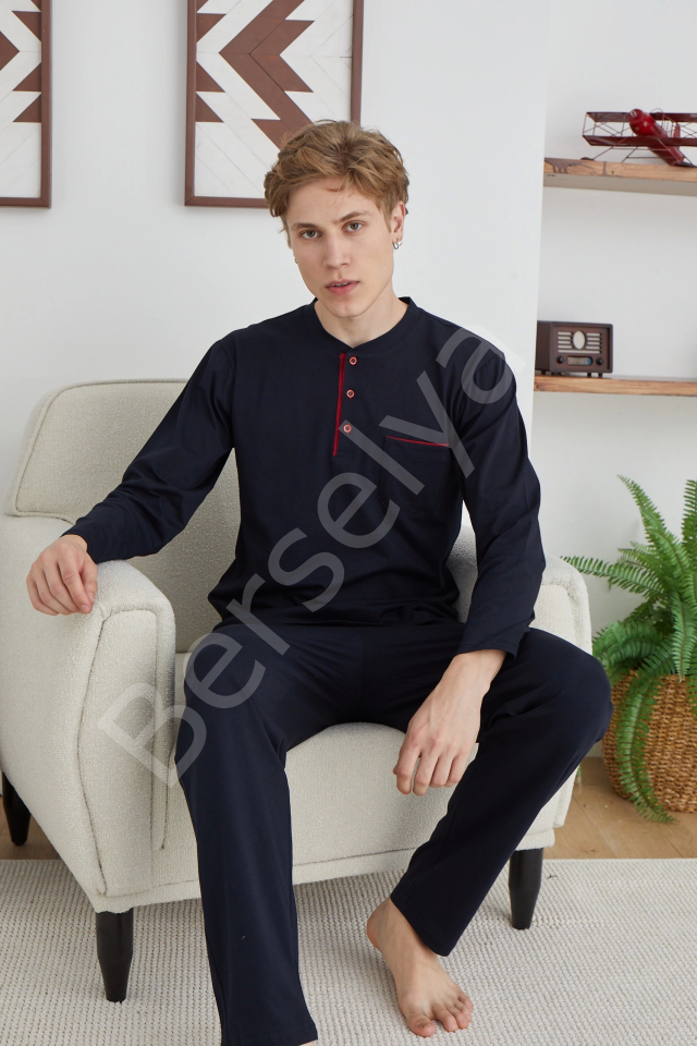 Erkek 9111 Battal  Erkek   Midi Yaka Pijama Takımı
