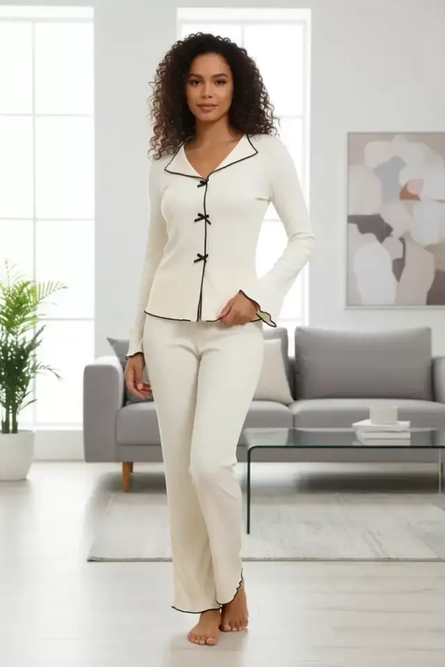 Kadın Ekru Fitilli Fiyonk Detaylı Şık Pijama Takımı Premium Ev Giyim