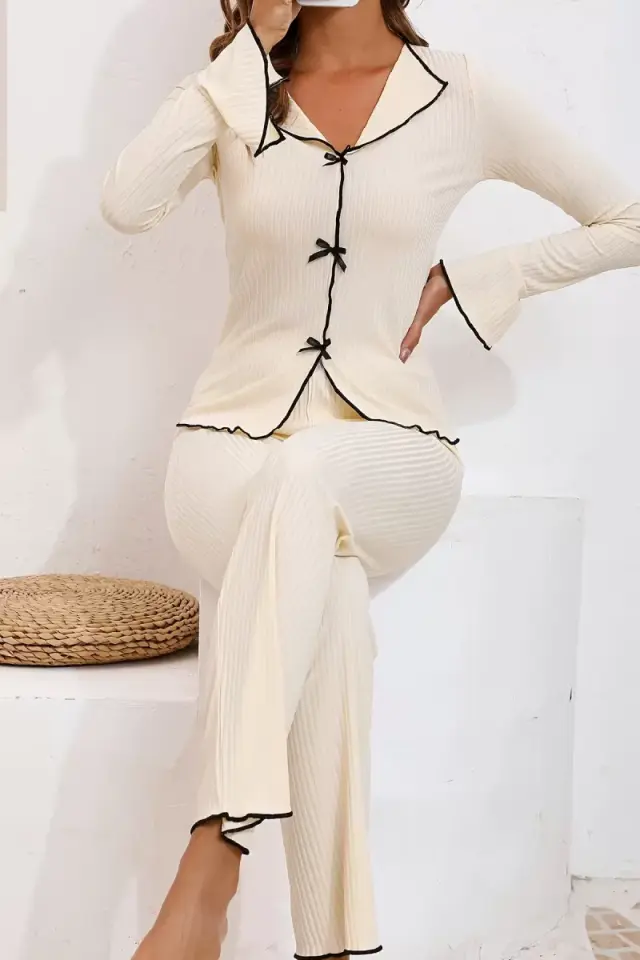 Kadın Ekru Fitilli Fiyonk Detaylı Şık Pijama Takımı Premium Ev Giyim